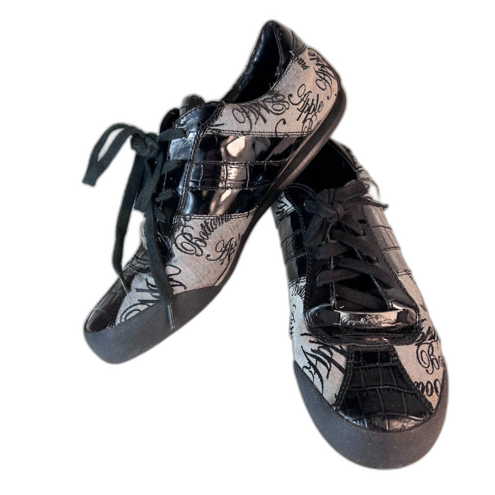 VTG Apple Bottoms Gray Signature Canvas Black Croco Patent Fashion Sneakers 9M